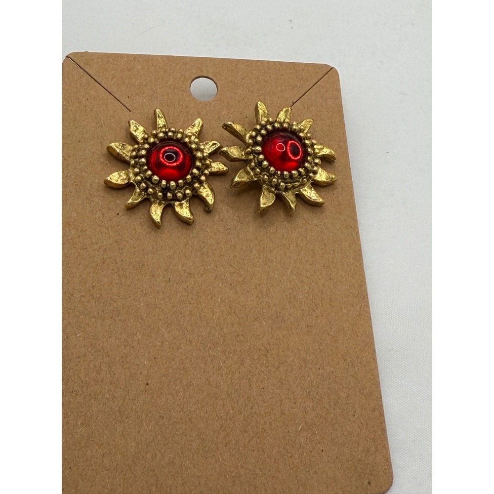 Vintage Gold Tone Sunburst Stud Earrings with Red Cabochon Center Celestial